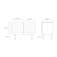 Minimalist white storage unit with horizontal wood grain pattern and sleek legs, perfect for modern decor.