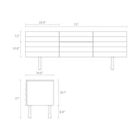 Dimensions and illustrations of a sleek, modern furniture piece with a minimalist design in neutral colors.
