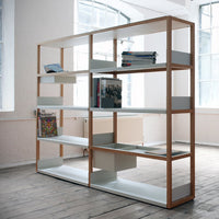 Wooden shelf with natural wood finish, white shelves, and minimalist design, set against a bright interior backdrop.