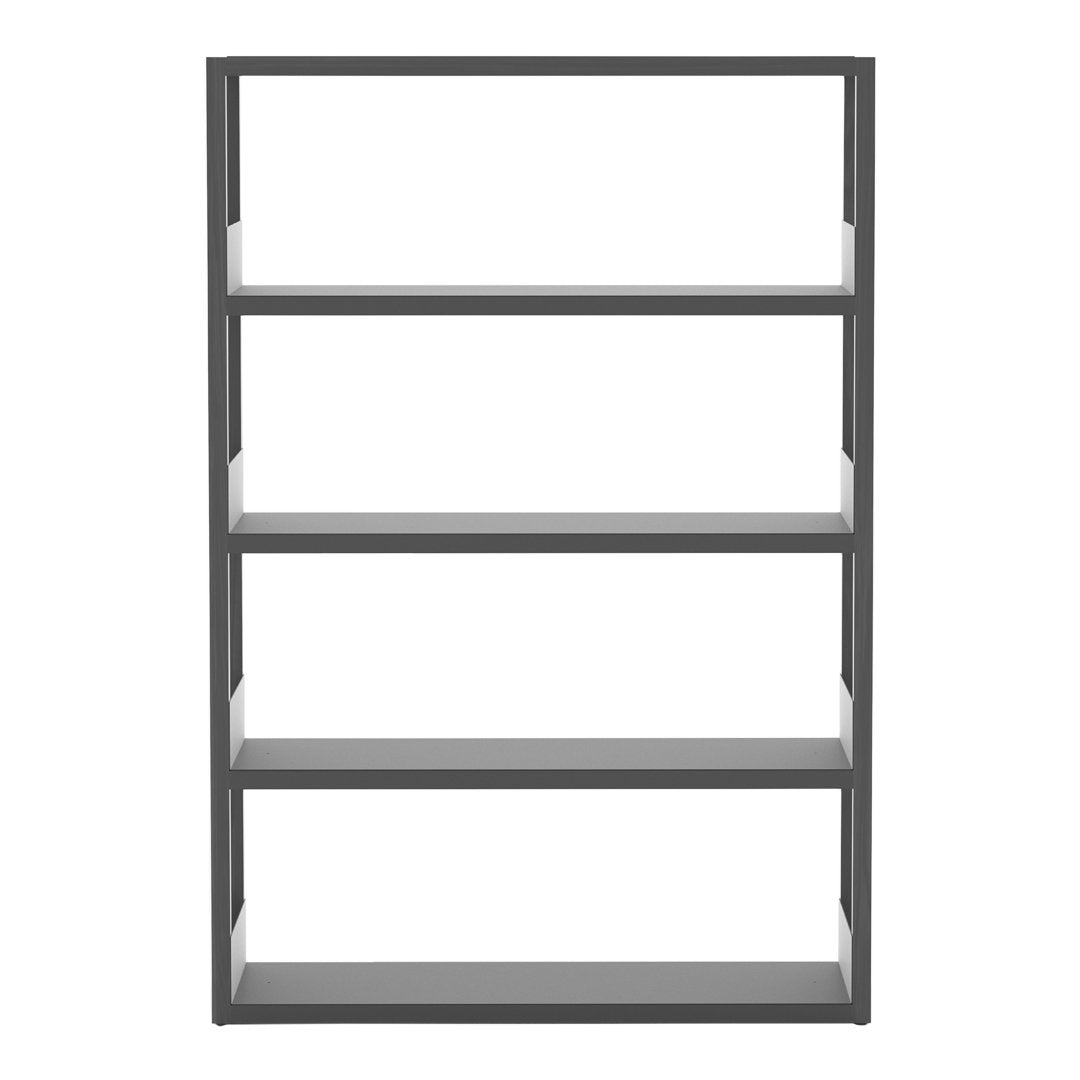 Gray four-shelf bookcase with a sleek, minimalist design and smooth surfaces. Ideal for modern decor.