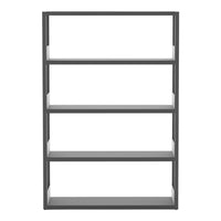 Gray four-shelf bookcase with a sleek, minimalist design and smooth surfaces. Ideal for modern decor.