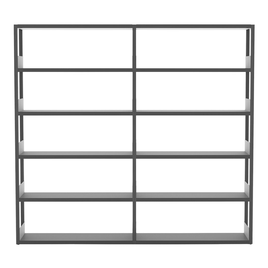 Gray metal shelving unit with a minimalist design featuring horizontal and vertical lines in an open framework.