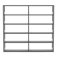 Gray metal shelving unit with a minimalist design featuring horizontal and vertical lines in an open framework.