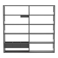Modern gray shelving unit with minimalist design and open grid pattern, featuring both open shelves and closed storage.