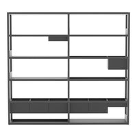 Modern gray shelving unit featuring an open geometric design with various drawer patterns. Ideal for stylish storage solutions.
