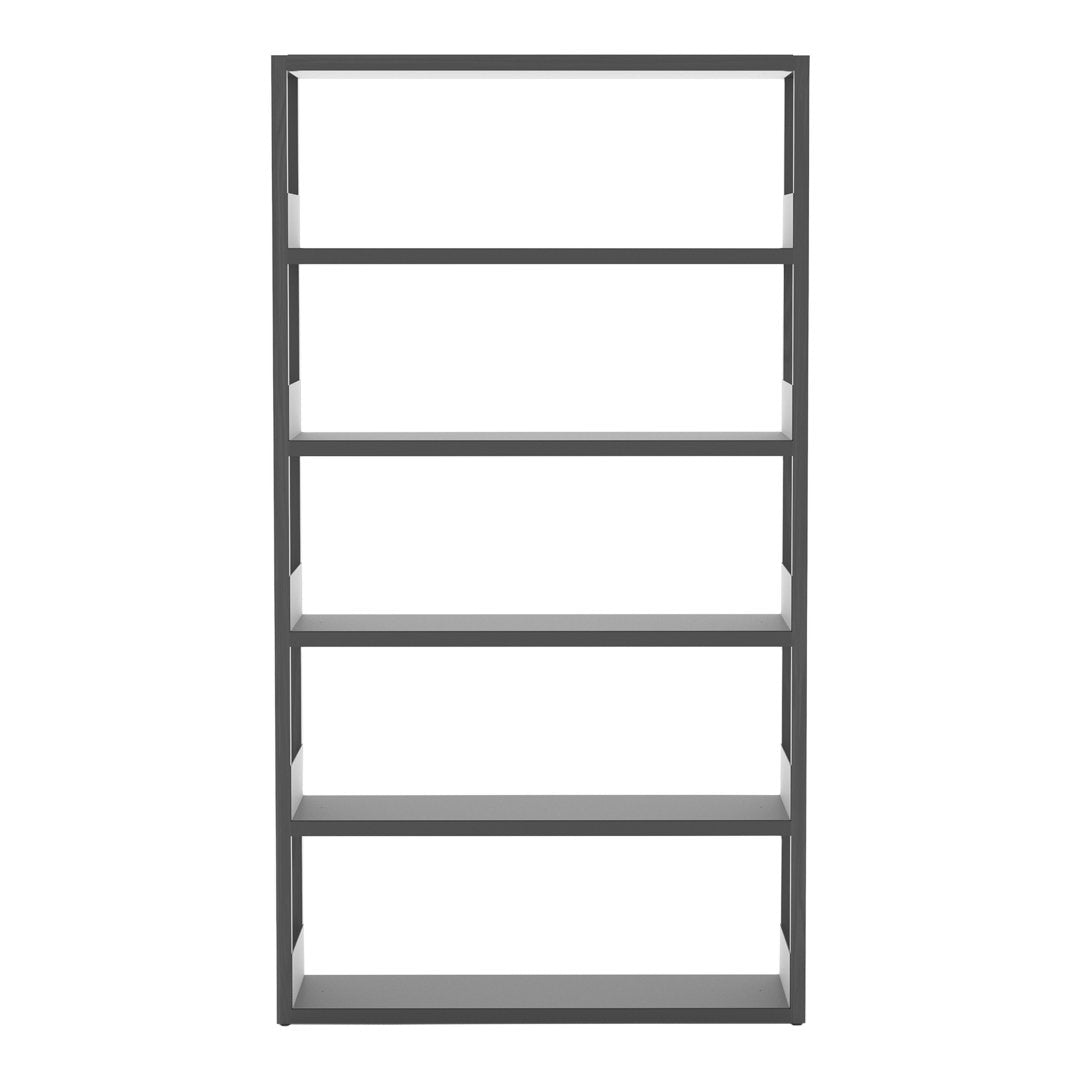 Gray metal bookshelf with five shelves, featuring a sleek, minimalist design and clean lines.