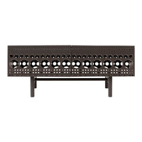 Dark brown media console with perforated circle pattern and sleek, modern design. Perfect for contemporary spaces.