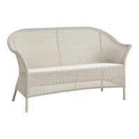 White woven loveseat with a curved back and sleek design, perfect for outdoor or indoor seating.
