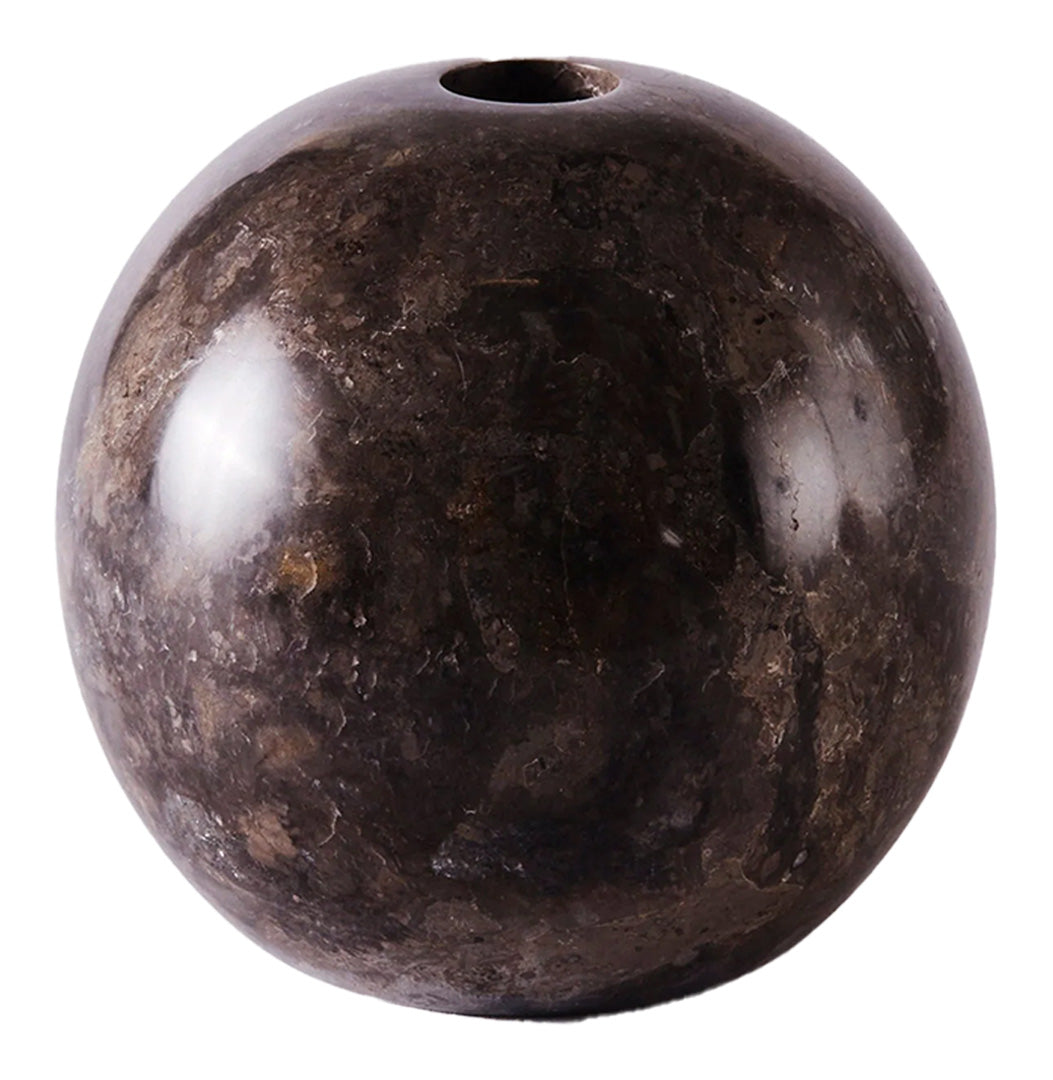 Round dark marble vase with a smooth finish and subtle gray and brown veining. Elegant and modern decor accent.