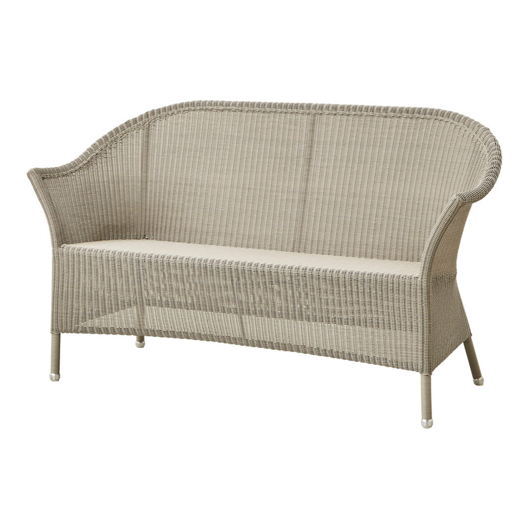 Light gray wicker loveseat with a sleek, curved design and subtle woven texture, perfect for outdoor spaces.