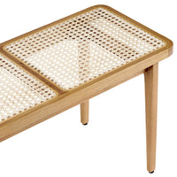 Natural wood coffee table with a woven cane pattern, featuring light beige and tan colors. Elegant and modern design.