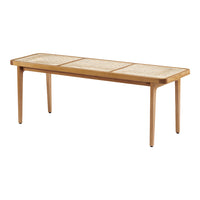 Natural wood coffee table with a minimalist design and woven cane pattern on the surface, perfect for modern decor.