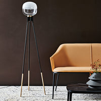 Black and gold tripod floor lamp with a spherical glass shade, paired with a warm orange modern sofa against a dark backdrop.