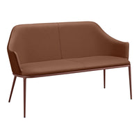 Brown upholstered sofa with sleek lines and minimalist design, featuring a solid color and no patterns.