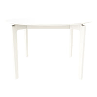 White, curved dining table with a minimalist design and smooth finish, perfect for modern interiors.
