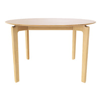 Light wood round table with a smooth, natural finish and minimalist design, perfect for modern interiors.
