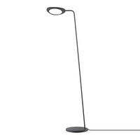 Sleek black floor lamp with minimalist design and smooth, circular light shade. Perfect for modern interiors.