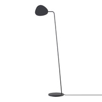 Sleek black floor lamp with a minimalist curved shade and base, perfect for modern decor.