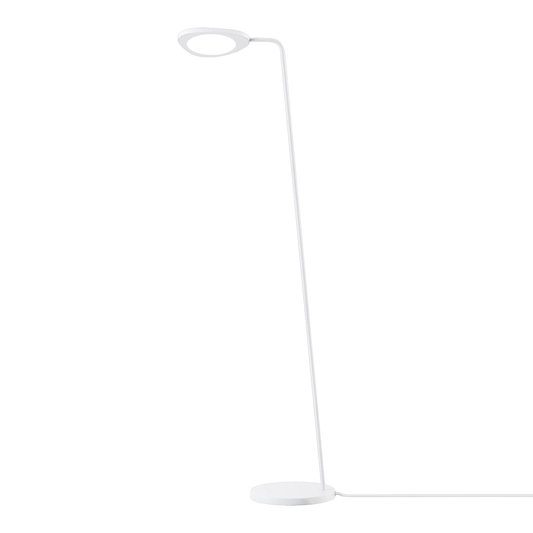 Modern white floor lamp with a sleek, minimalist design and smooth circular shade, perfect for contemporary spaces.