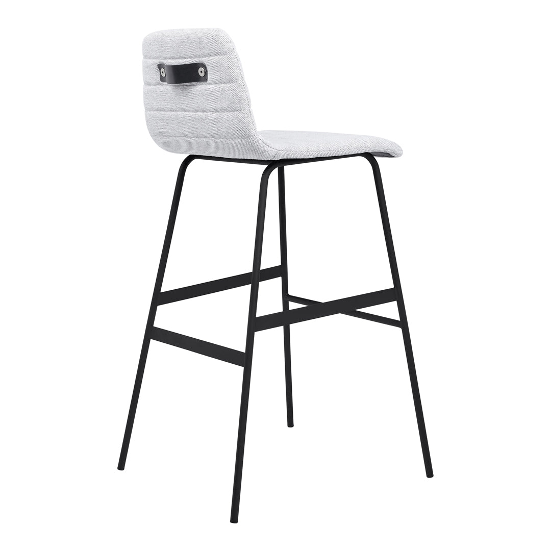 Light gray upholstered bar stool with black metal frame and subtle quilted pattern on the seat.