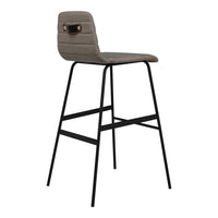 Gray upholstered bar stool with a quilted pattern, complemented by a sleek black metal frame.
