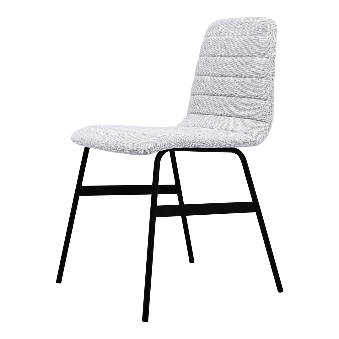 Gray upholstered chair with a ribbed pattern and sleek black metal legs for a modern look. Ideal for contemporary spaces.