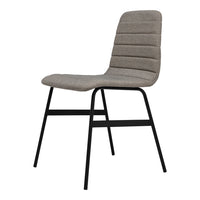 Gray upholstered dining chair with vertical ribbed pattern and sleek black metal legs. Modern minimalist design.