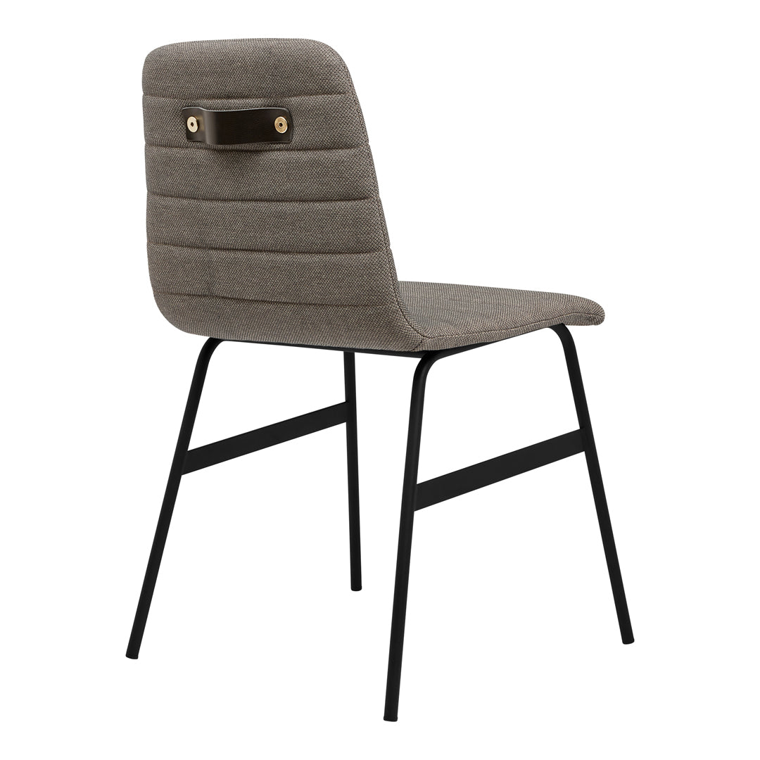 Gray upholstered chair with vertical stitching and black metal legs, featuring a stylish back handle.