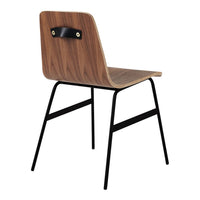 Brown wood-patterned chair with a sleek, black metal frame and contrasting black handle detail on the back.
