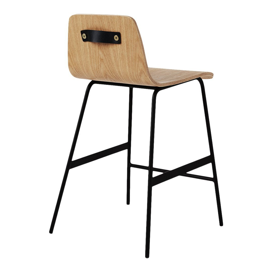 Wooden bar stool with a light oak finish and sleek black metal legs. Modern minimalist design.