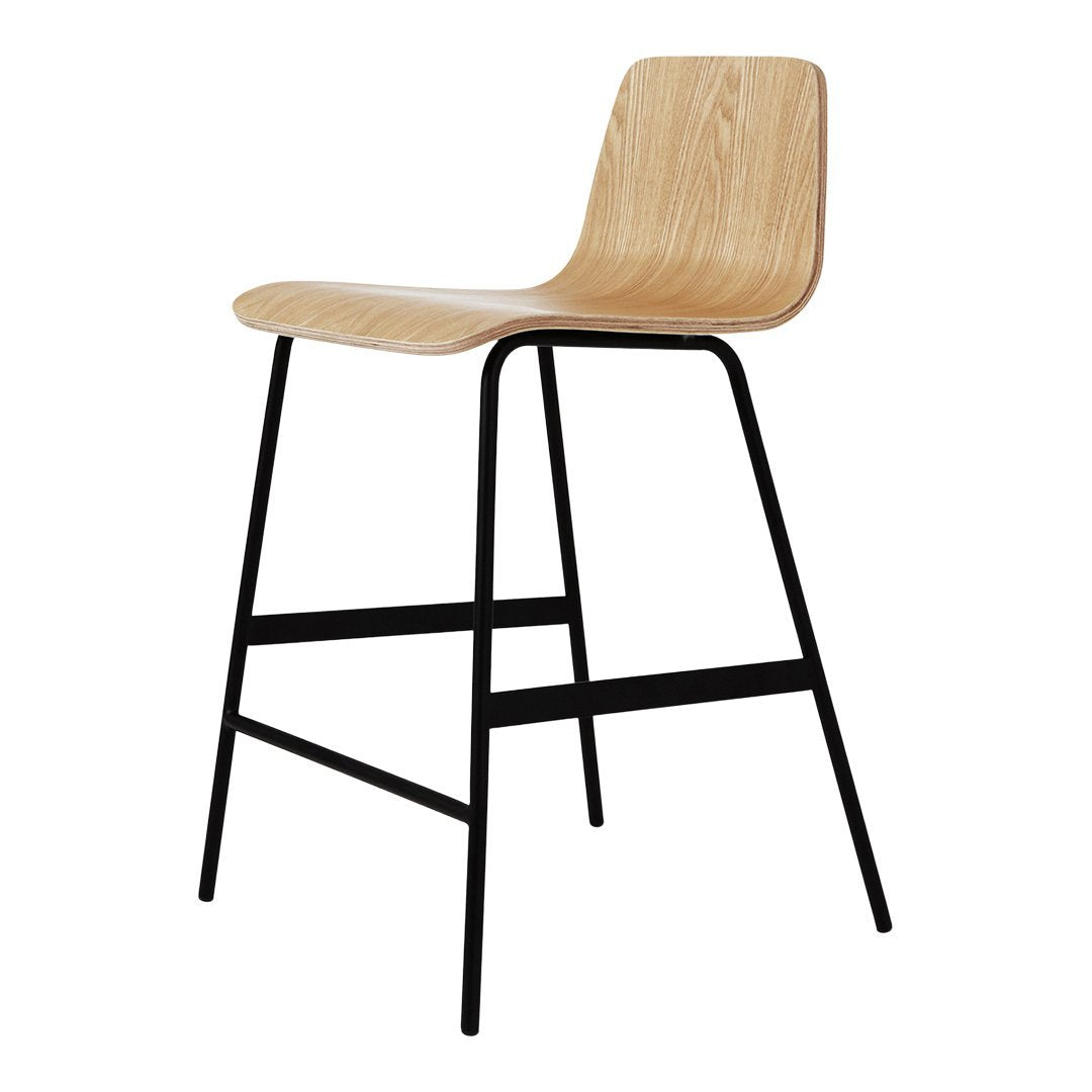 Natural wood and sleek black metal bar stool with a minimalist design, perfect for modern decor.