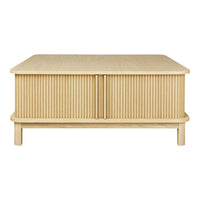 Light beige coffee table with vertical wood grain pattern and a smooth, rounded edge design. Ideal for modern interiors.