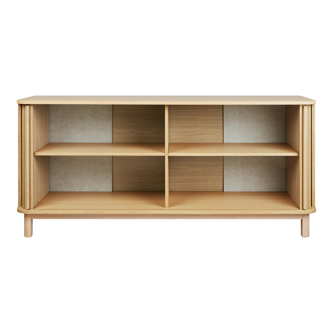 Light natural wood TV stand with minimalistic design and open shelving. Features smooth, light beige panel accents.