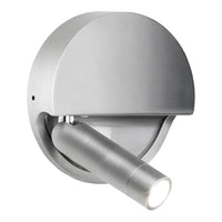 Modern silver wall spotlight with sleek circular design and brushed metal finish, perfect for stylish lighting.