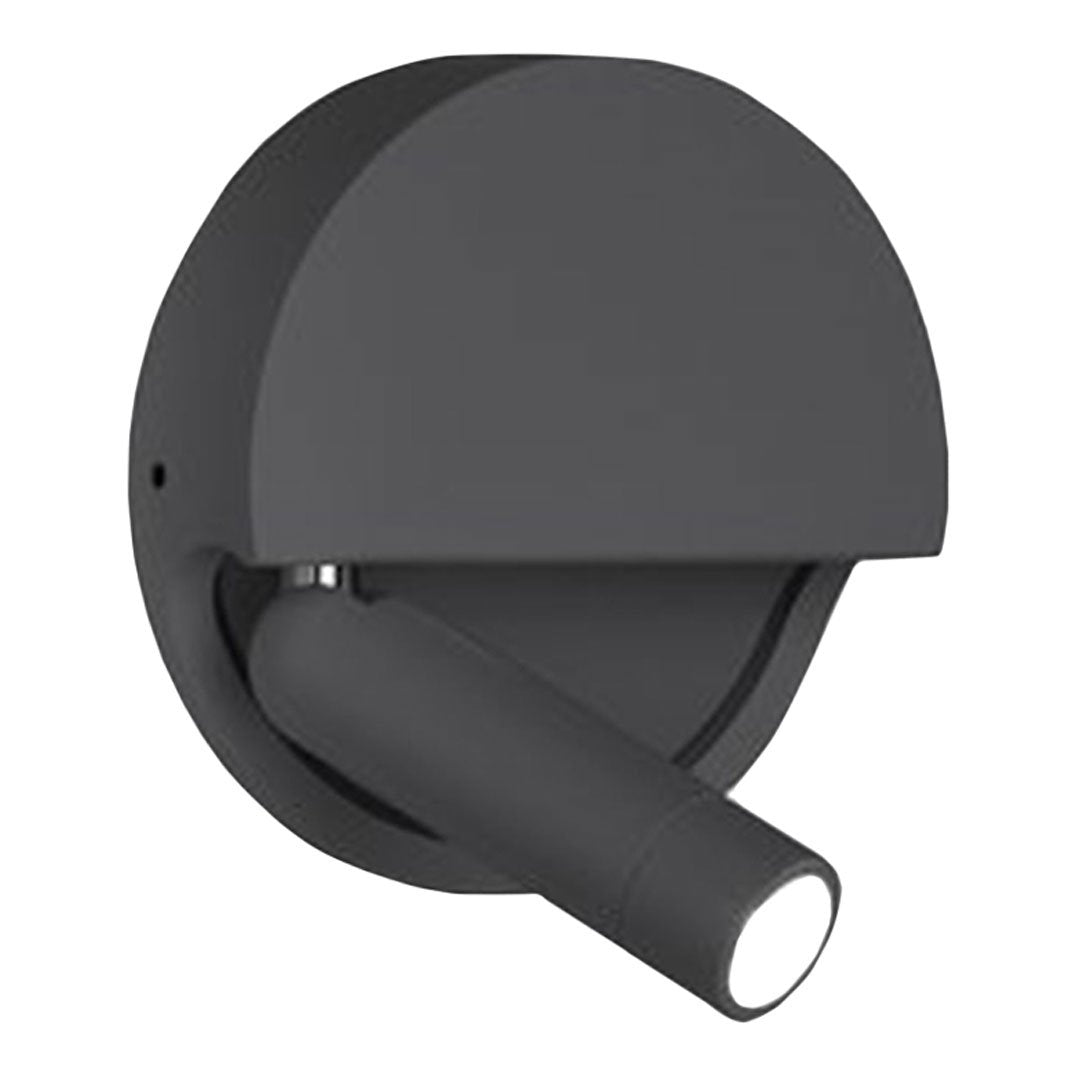 Sleek black wall light with a minimalist round shape and a directional spotlight design. Perfect for modern decor.
