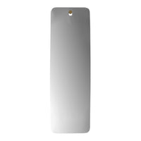 Sleek, silver rectangle mirror with a smooth reflective surface, featuring a small gold hanging hole at the top.