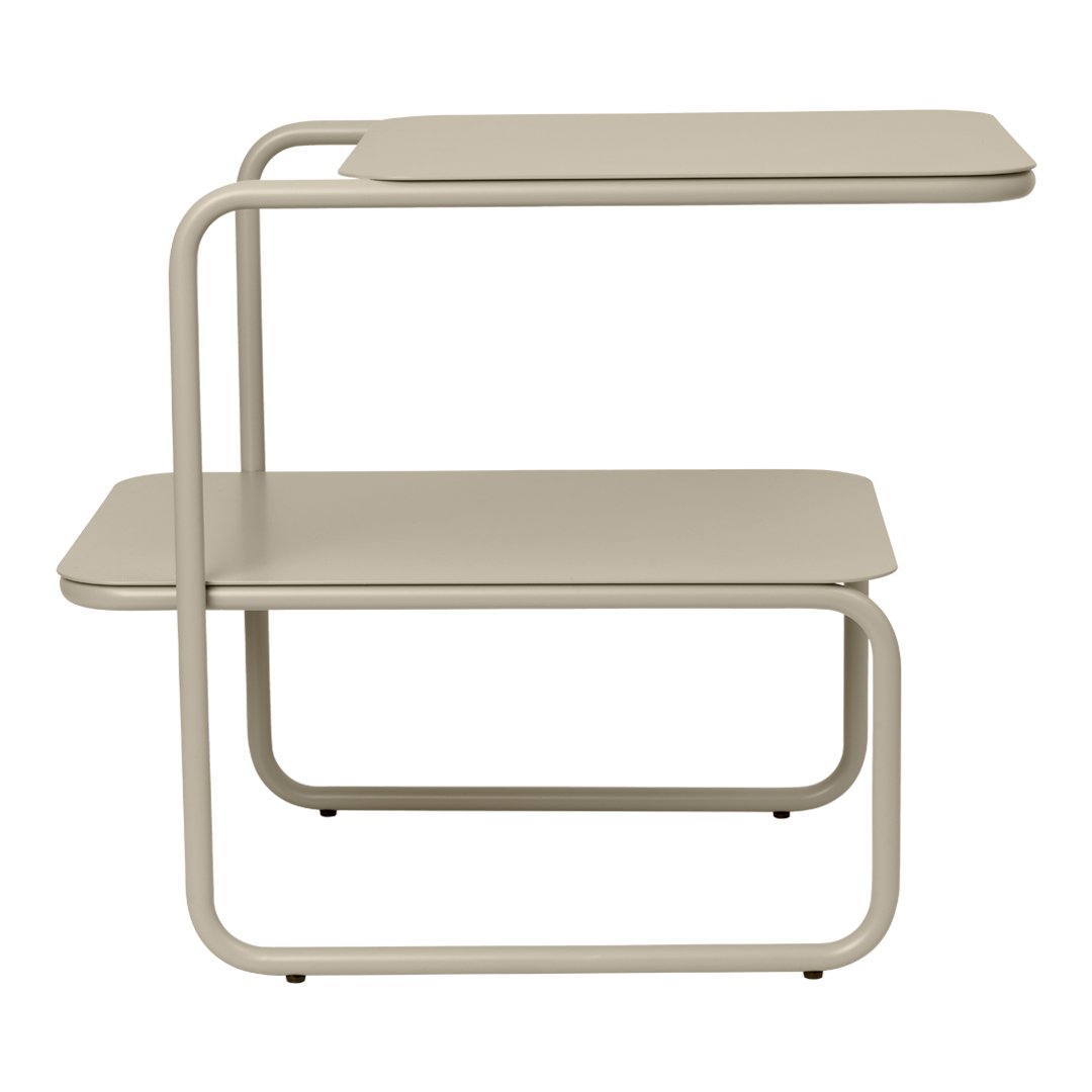 Stylish beige two-tier side table with a sleek, modern design and smooth surfaces. Perfect for minimalistic decor.