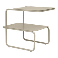 Modern two-tiered side table in soft beige with sleek, minimalist lines and no visible patterns. Perfect for contemporary decor.