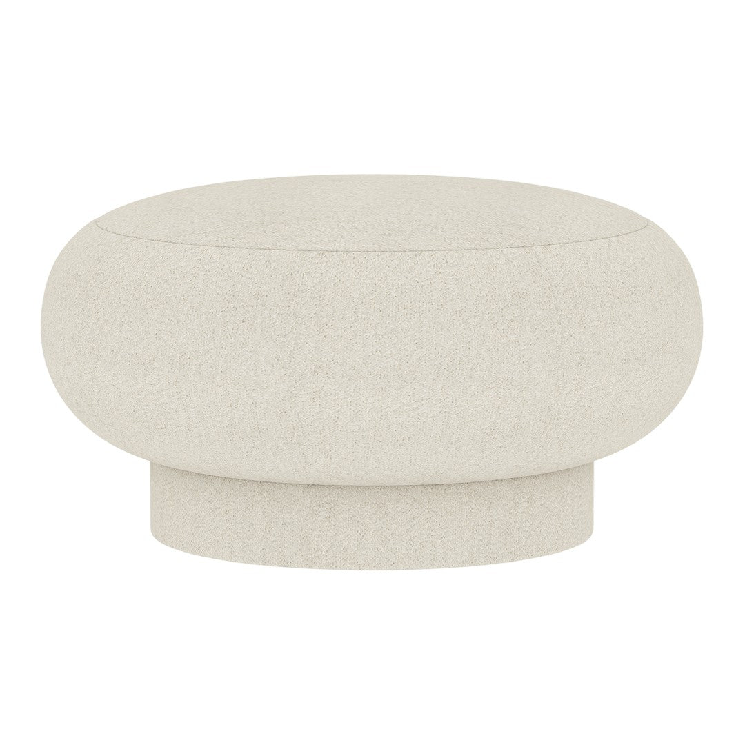 Round off-white ottoman with a textured, minimalist design, perfect for modern decor.