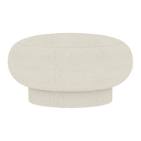 Round off-white ottoman with a textured, minimalist design, perfect for modern decor.