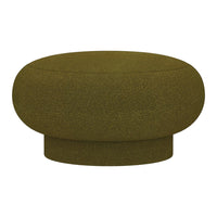 Round olive green ottoman with a smooth, textured fabric finish, perfect for modern interior decor.