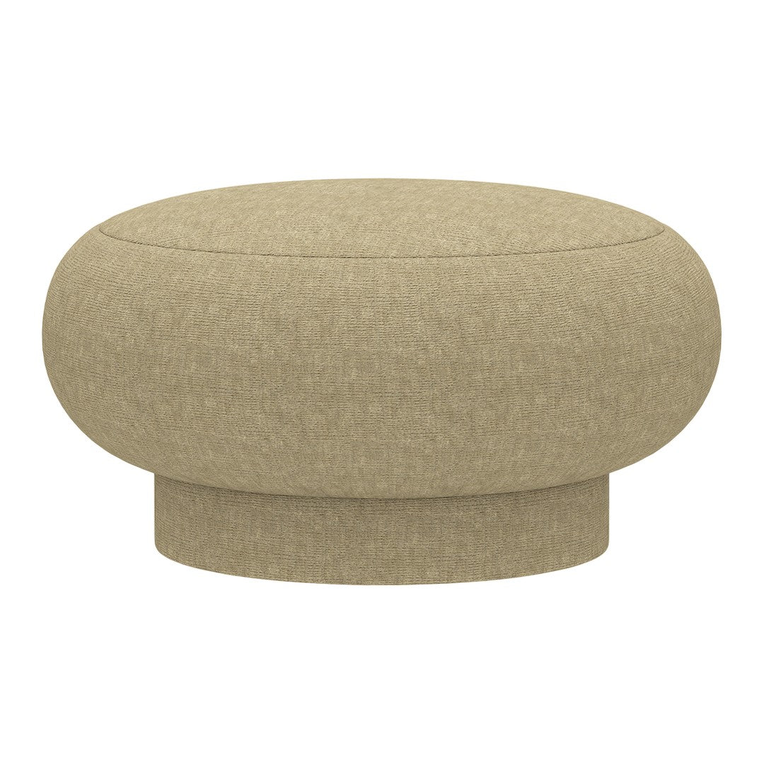 Round beige pouf with a textured fabric surface and smooth, minimalistic design. Perfect for modern interiors.