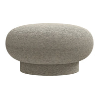 Round gray upholstered ottoman with a textured pattern, perfect for modern living spaces.