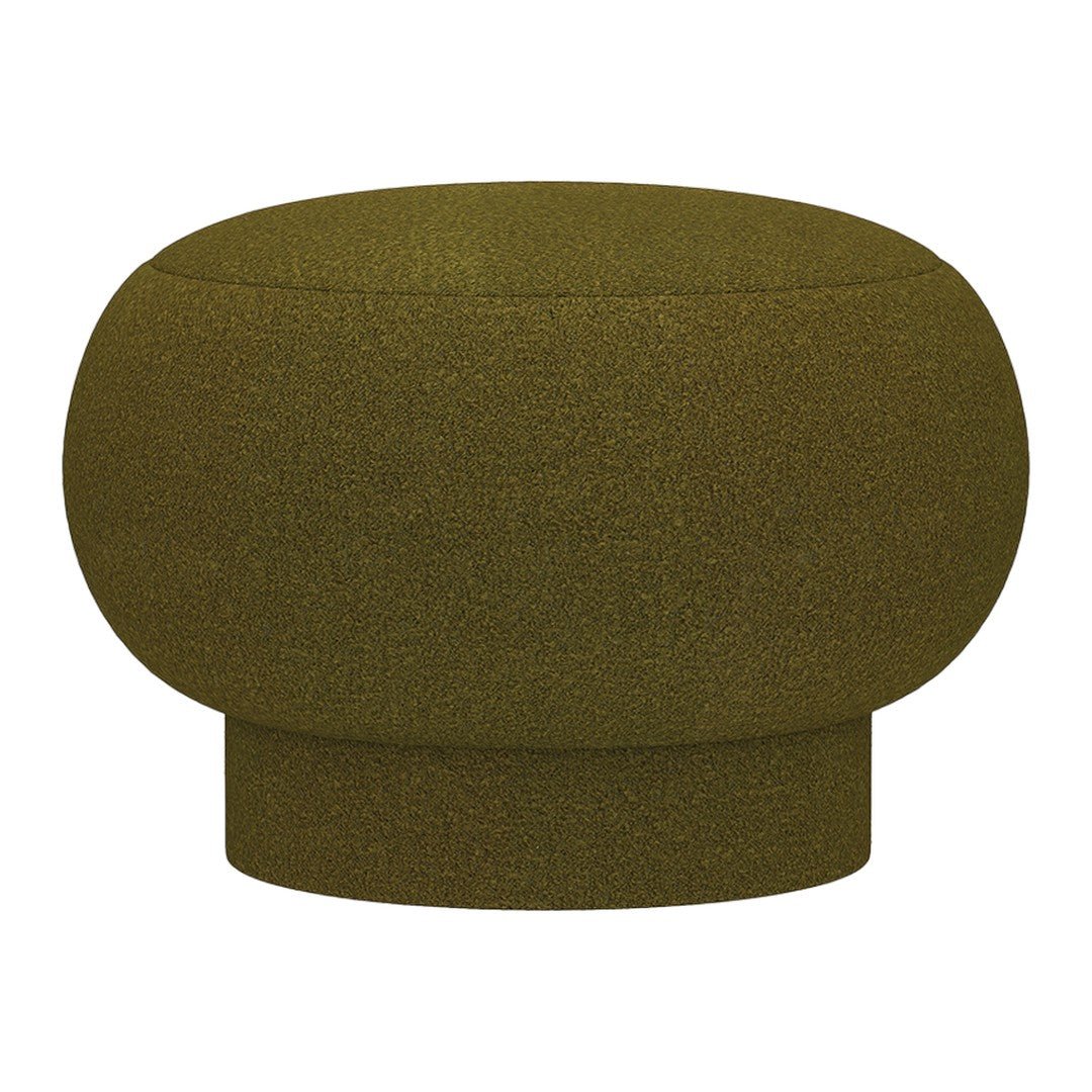 Round olive green pouf with a textured, soft finish, perfect for modern decor.
