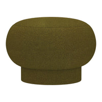 Round olive green pouf with a textured, soft finish, perfect for modern decor.