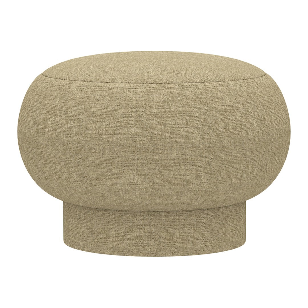Round beige ottoman with a textured fabric, featuring a soft and smooth surface, ideal for modern decor.