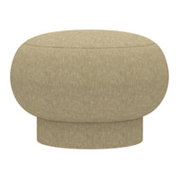 Round beige ottoman with a textured fabric, featuring a soft and smooth surface, ideal for modern decor.