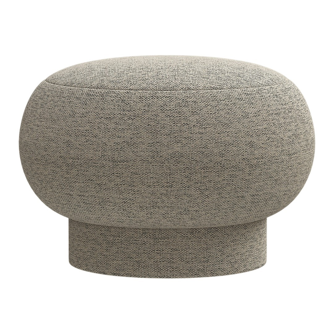 Round ottoman in soft grey fabric with subtle texture, perfect for modern decor.