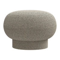 Round ottoman in soft grey fabric with subtle texture, perfect for modern decor.