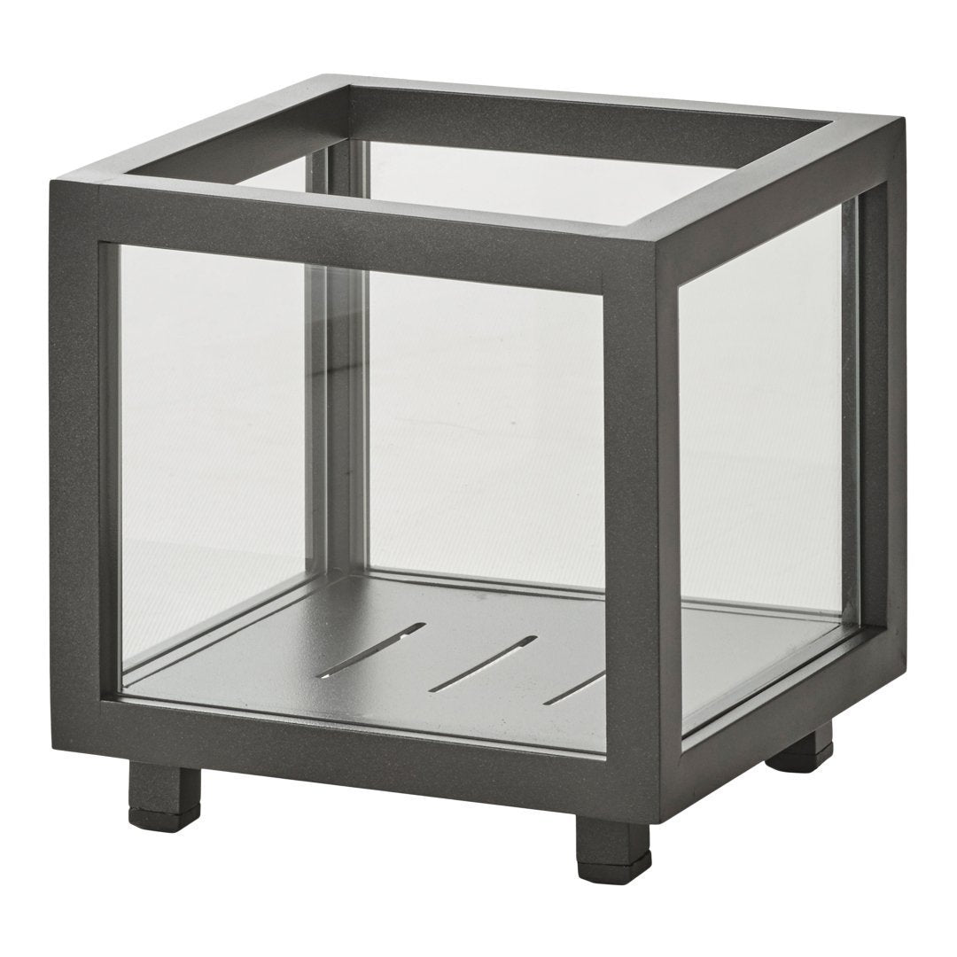 Sleek black metal and clear glass square container with a minimalist design and open base.